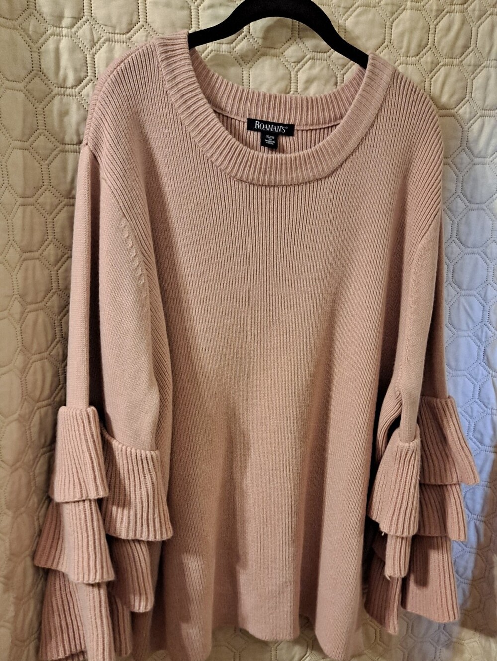 Roaman's Dusty Blush Tiered Ruffle Sleeve Crewneck Sweater Sz 26/28